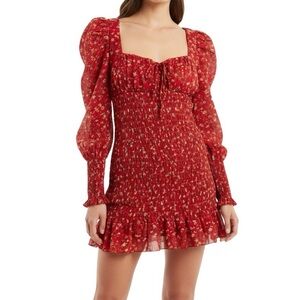 MOVING SALE - Red floral smocked long sleeve ruffle dress